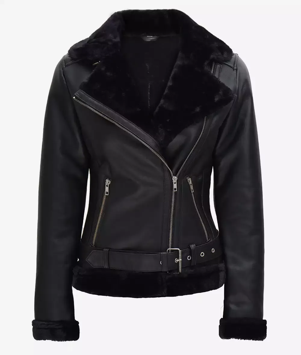 Womens Black Shearling Leather Moto Jacket