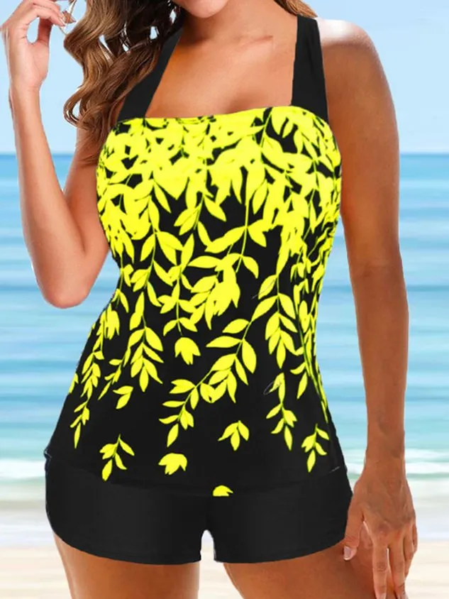 Scoop Neck Vacation Plants Tankini
