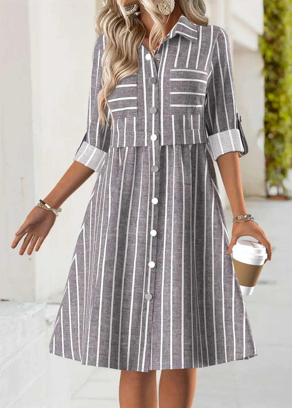 Dark Grey Marl Tummy Coverage Striped Long Sleeve Dress