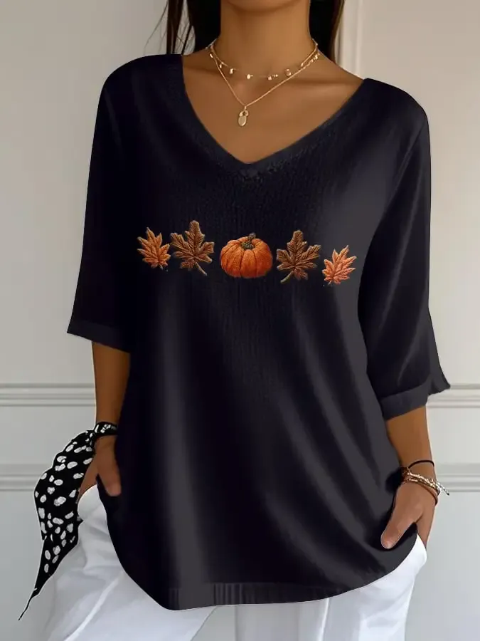 Women's Casual Autumn Pumpkin Stripe Bubble Wrinkle Three-quarter Sleeve T-shirt