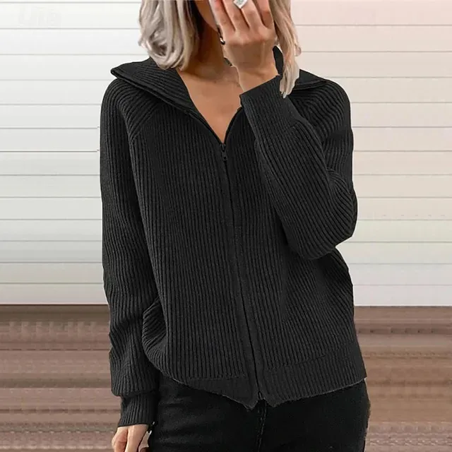 Women's Cardigan Fashion Solid Color Ribbed Shirt Collar Zipper Knitted Long Sleeve Regular Tops Knit Outdoor Daily Holiday Black Green Fall