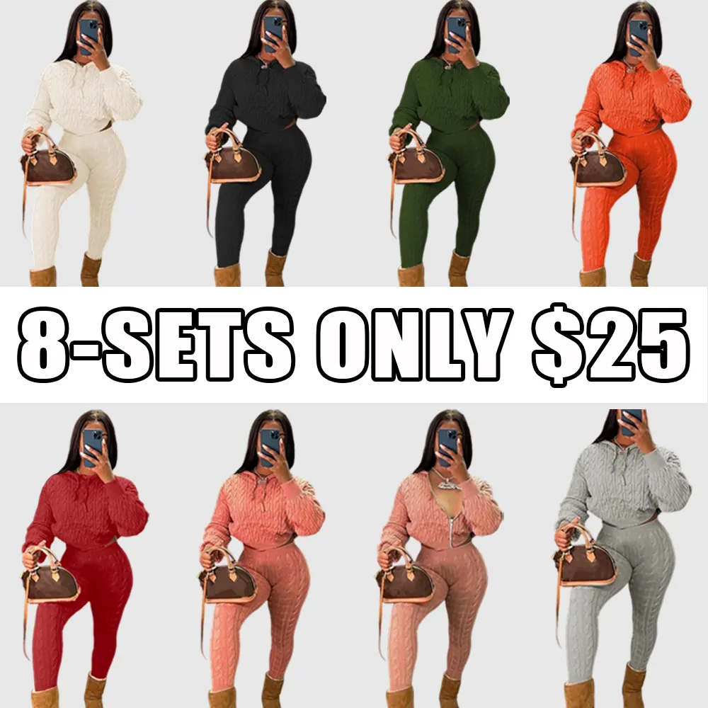 Two-piece Set Women's Solid Drop Shoulder Cable Knit Crop Sweater & High Waist Pants