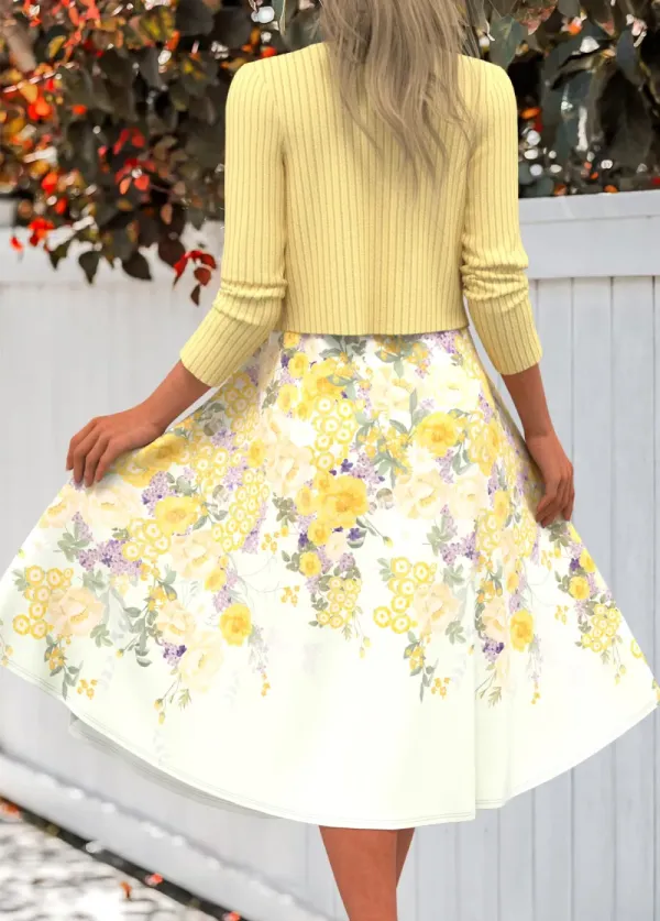 Light Yellow Two Piece Floral Print Dress and Cardigan