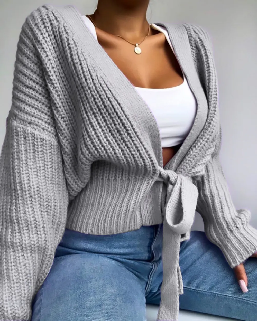 V-Neck Bandage Cardigan Sweater Solid Color Hollow Ladies Sweater