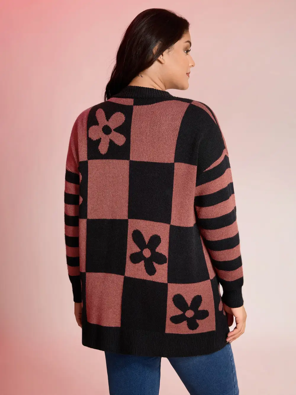 Supersoft Checkered Floral Superstretchy Knit Cardigan