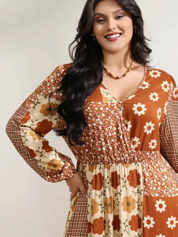 Floral Collage Print Lantern Sleeve Maxi Dress