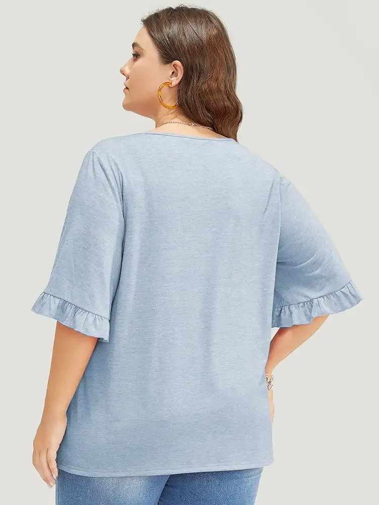 Solid Gathered Ruffle Trim Flounce Sleeve T-shirt