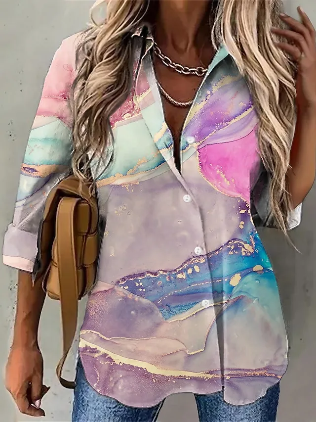Women's Shirt Blouse Graphic Striped Color Gradient Button Print Daily Weekend Streetwear Work Casual Long Sleeve Shirt Collar Pink Spring Fall