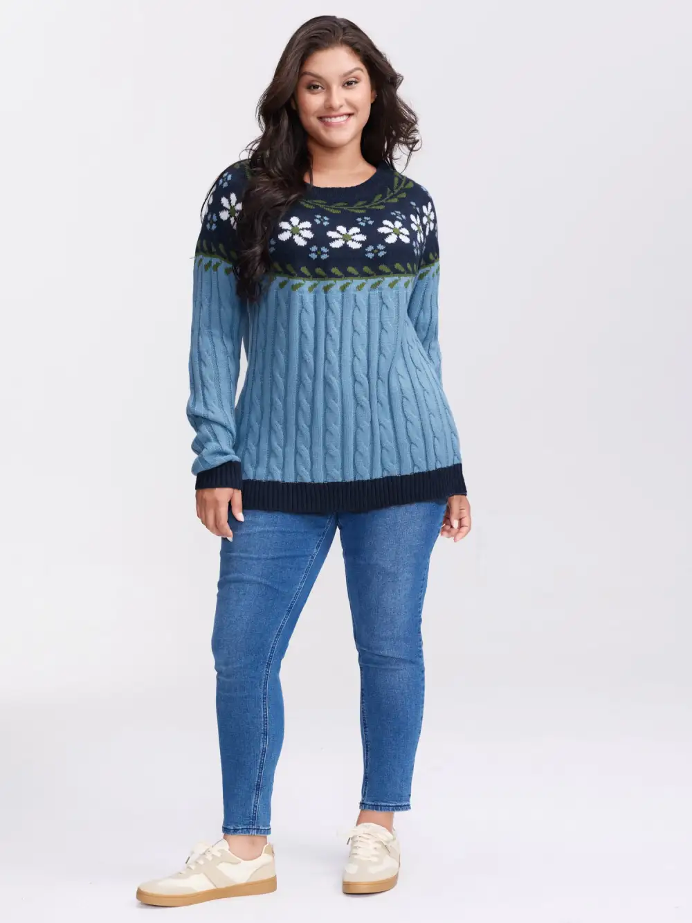 Cable Knit Jacquard Floral Contrast Pullover