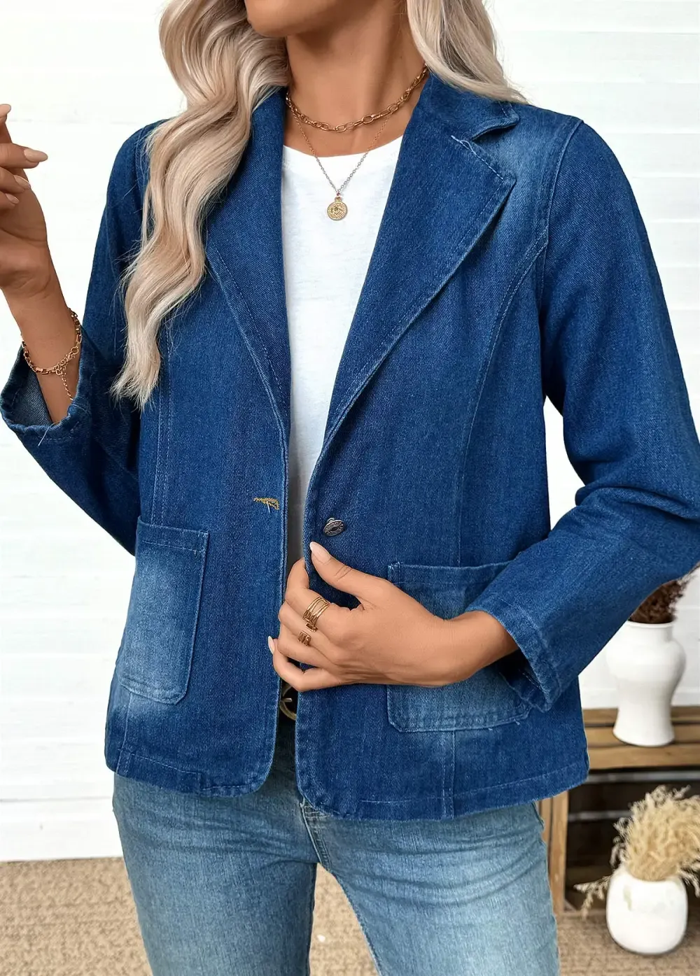 Denim Blue Tummy Coverage Long Sleeve Lapel Coat