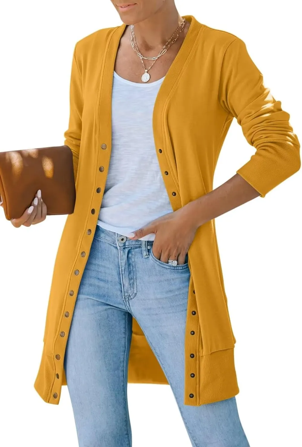 Women's 2024 Fall Long Sleeve Snap Button Down Solid Color Knit Ribbed Neckline Cardigans