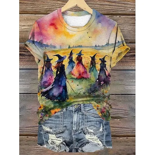 Women's Halloween Sweatshirt Pullover Witch Halloween Print Yellow Casual Crew Neck Long Sleeve Top Micro-elastic Spring Fall & Winter