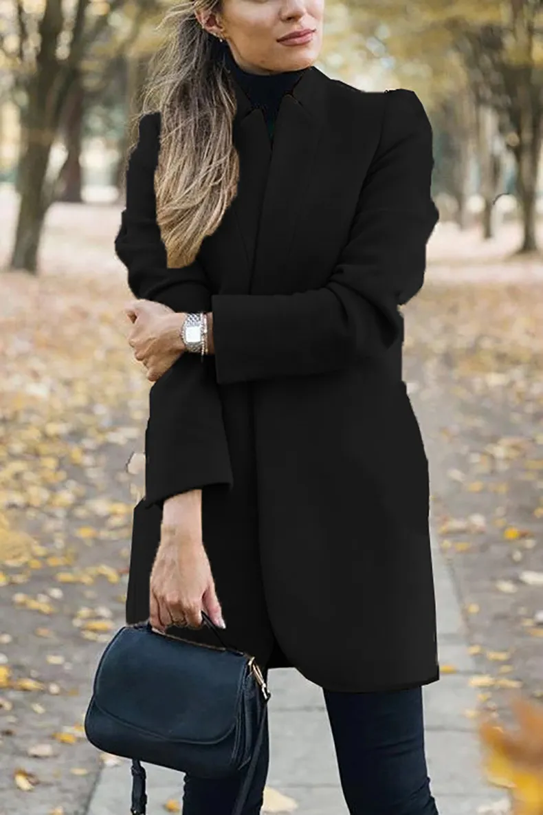 Solid standing collar slim long faux woolen coat