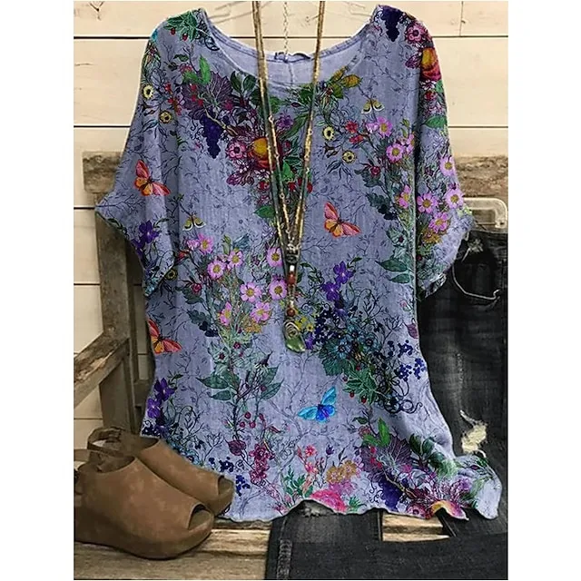 Women's Blouse Chiffon Floral Print Daily Daily T-shirt Sleeve Long Sleeve Round Neck Pink Summer Spring