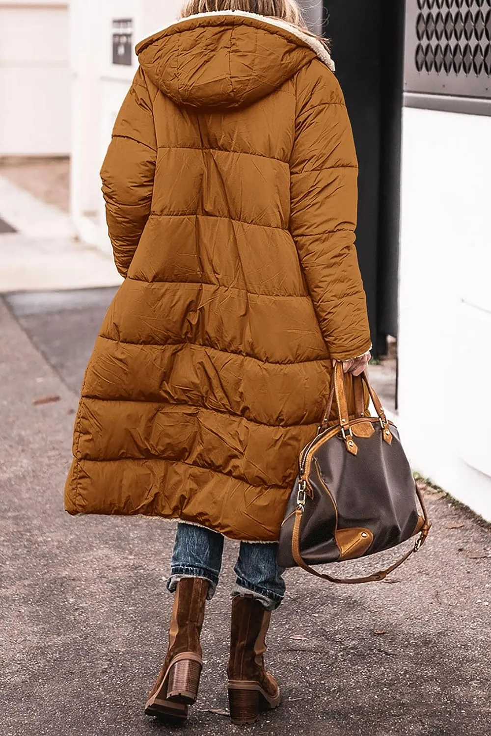 Women's 2023 Warm Winter Coats Reversible Sherpa Fleece Long Hooded Puffer Jackets Outerwear