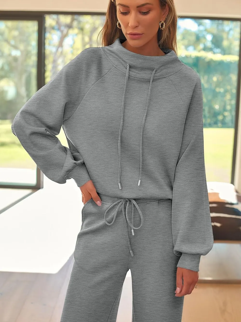 Lounge Sets for Women Sweatsuits 2 Piece Outfits 2024 Fall Drawstring Sweatshirt Wide Leg Sweatpants Tracksuit