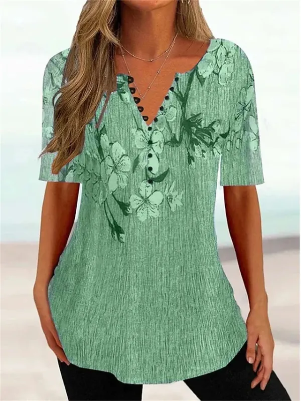 Women's T shirt Tee Red Green Gray Floral Print Short Sleeve Casual Daily Vintage Tunic V Neck Loose Fit Floral