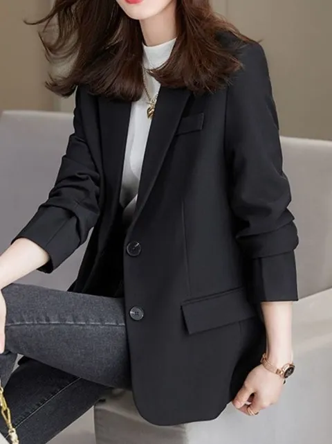 Lapel Collar Long Sleeve Plain Buckle Regular Loose Blazer For Women