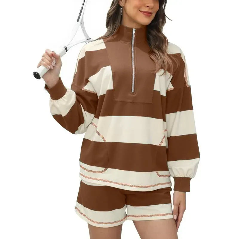 Women's Lounge Set 2 Piece Striped Long Sleeve Quarter Zip