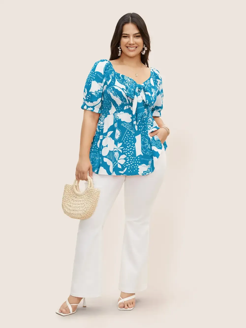 Tropical Print Bowknot Shirred Lantern Sleeve Blouse