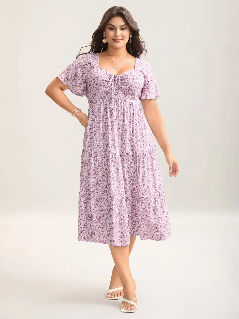 Ditsy Floral Sweetheart Drawstring Pocket Tiered Dress