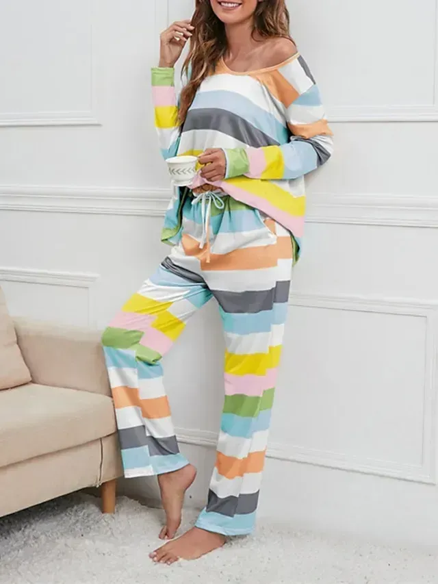 Women's Plus Size Pajamas Sets Nighty Pjs 2 Pieces Rainbow Stripe Fashion Comfort Soft Home Daily Bed Cotton Breathable V Wire Long Sleeve T shirt Tee Pant Fall Spring Blue Yellow