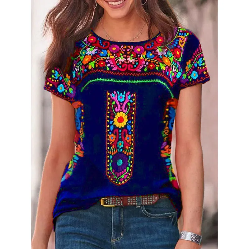 Summer new women's boho round neck short sleeve top