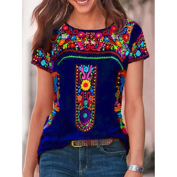 Summer new women's boho round neck short sleeve top