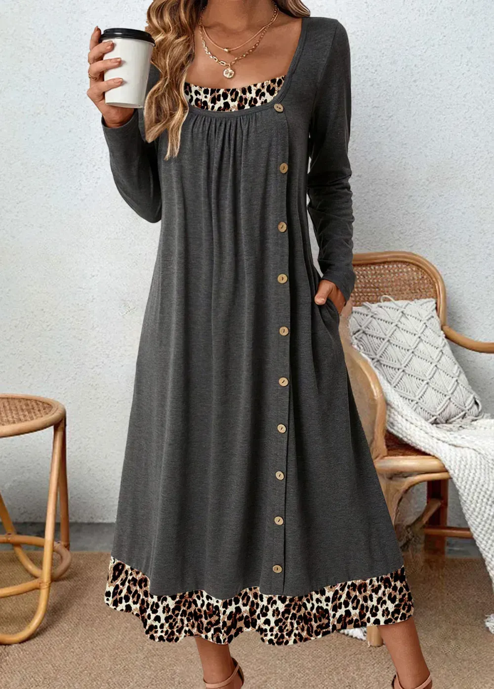 Dark Grey Button Leopard A Line Dress