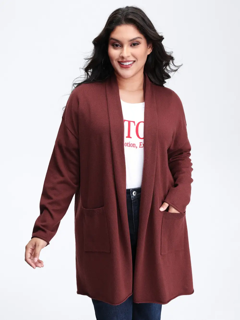 Folded Collar Pocket Open-Front Knit Cardigan