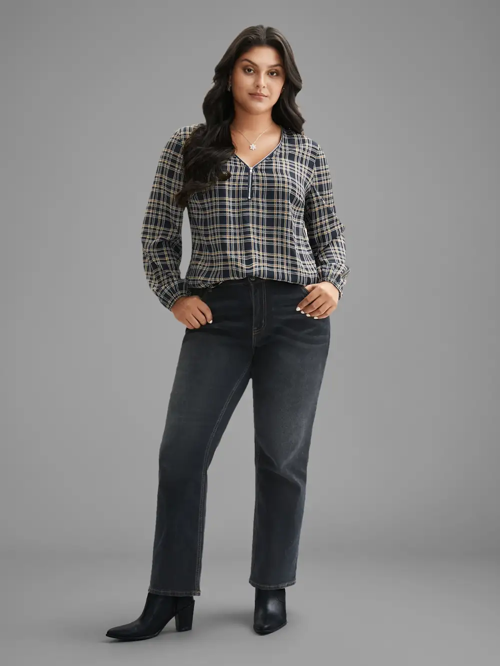 Plaid Zipper Front Lantern Sleeve Blouse