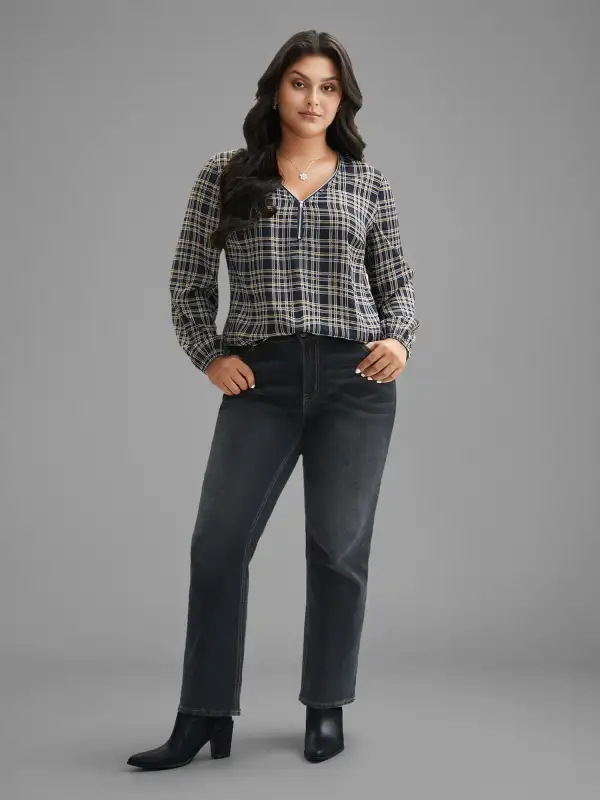 Plaid Zipper Front Lantern Sleeve Blouse