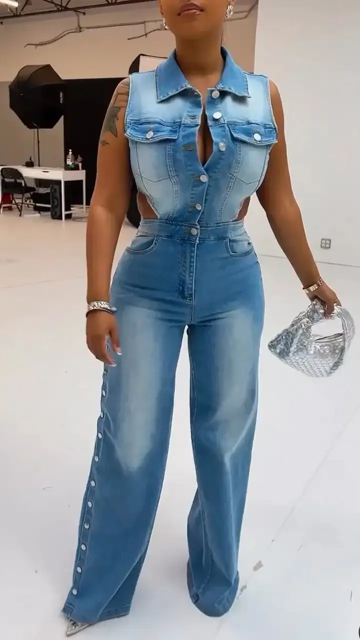 Women's Lapel Hollow Slit Denim Jumpsuit