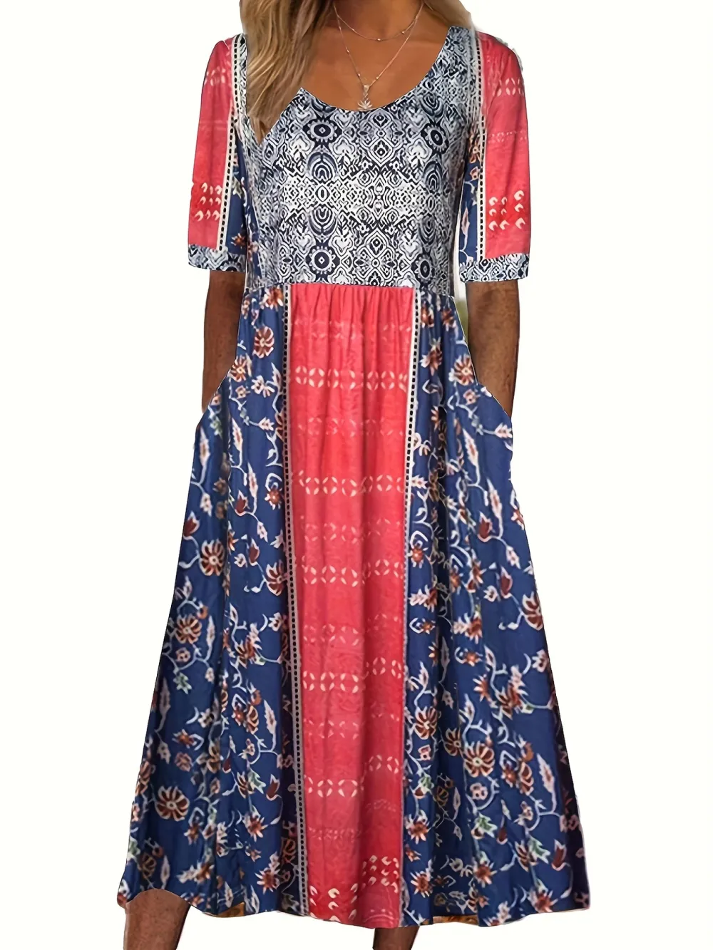 Floral Print Crew Neck Dress, Casual Short Sleeve Dress For Spring & Summer
