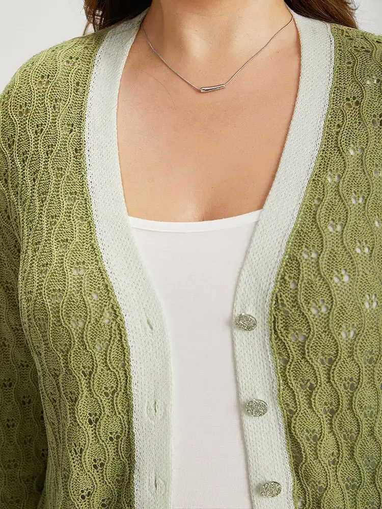 Two Tone Patchwork Cut Out Button Down Cardigan