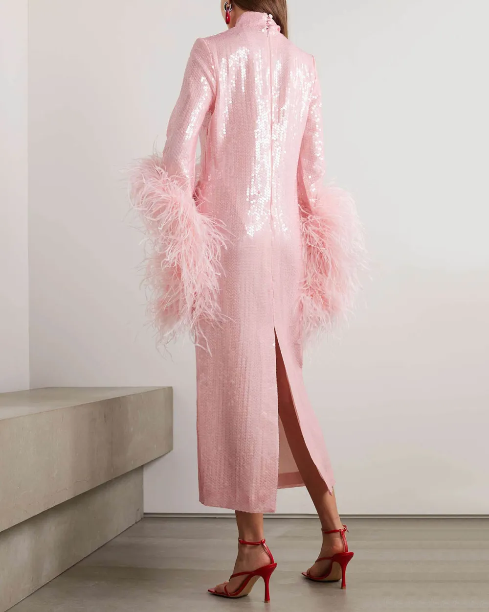 Elegant Sequin Bell Sleeve Feather Dress