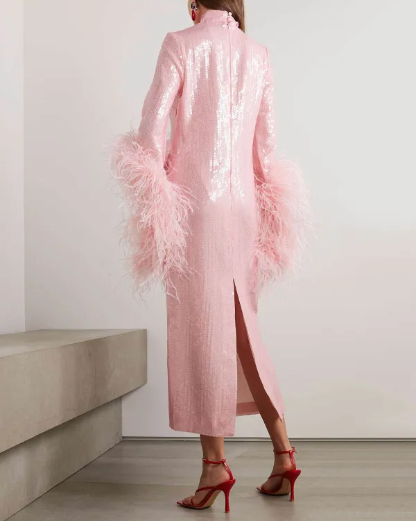 Elegant Sequin Bell Sleeve Feather Dress