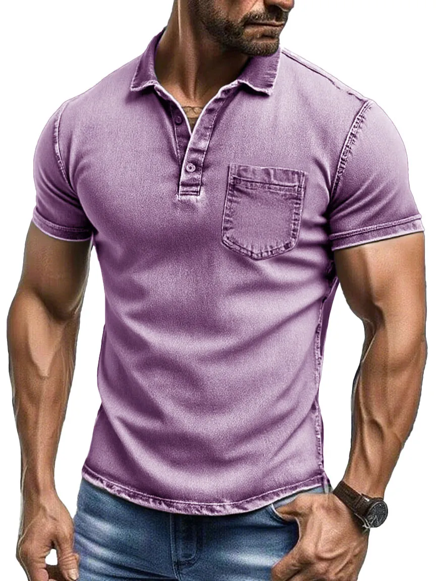Men's Fashion Retro Pure Cotton Distressed Fabric Pocket Lapel Polo Shirt 
