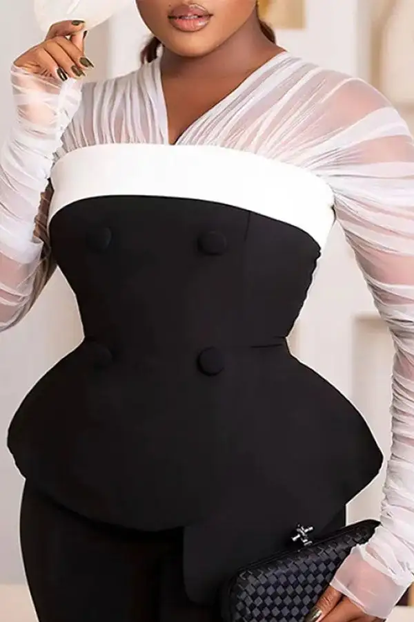Colorblock Sheer Mesh Patchwork Peplum Pant Set