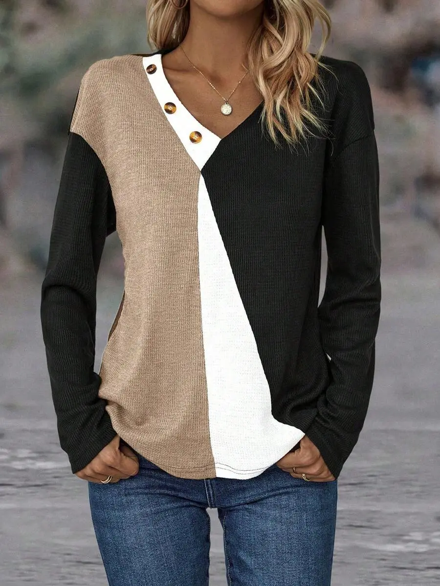 Color Block Button Detail Drop Shoulder Tee Graphic Tees Women Tops