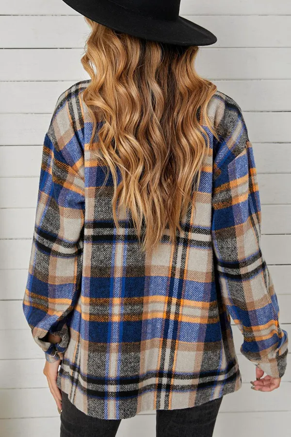 Vintage Plaid Pattern Pocket Design Lapel Top