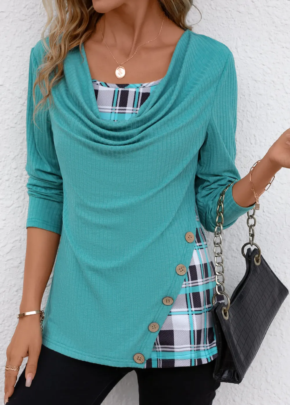 Cyan Patchwork Plaid Long Sleeve Draped Neck Sweatshirt