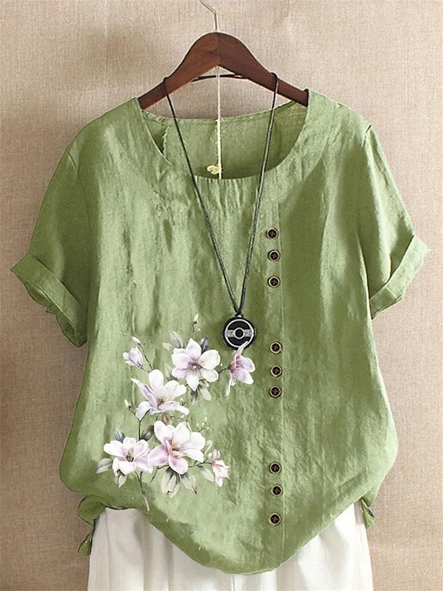 Women's Shirt Linen Shirt Blouse Cotton Linen Floral Button Print Daily Vintage Basic Holiday Short Sleeve Crew Neck White Summer Spring