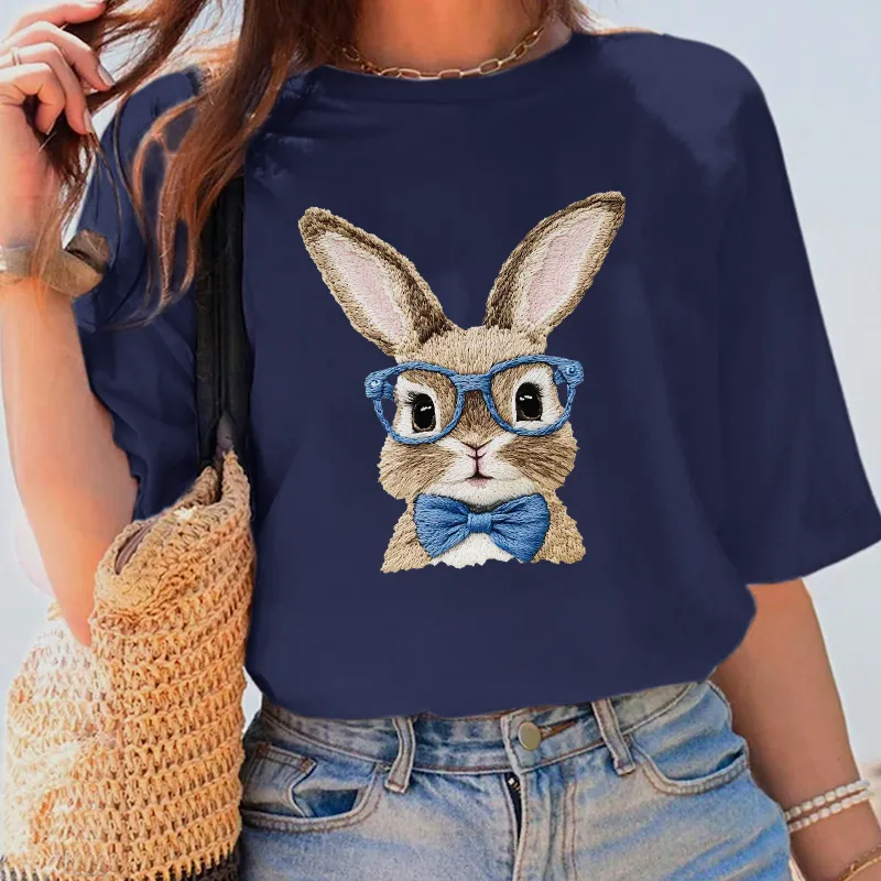 A Rabbit Pattern Wearing Blue Glasses And A Blue Bow Tie Looks Cute And Stylish On A Casual T-Shirt.