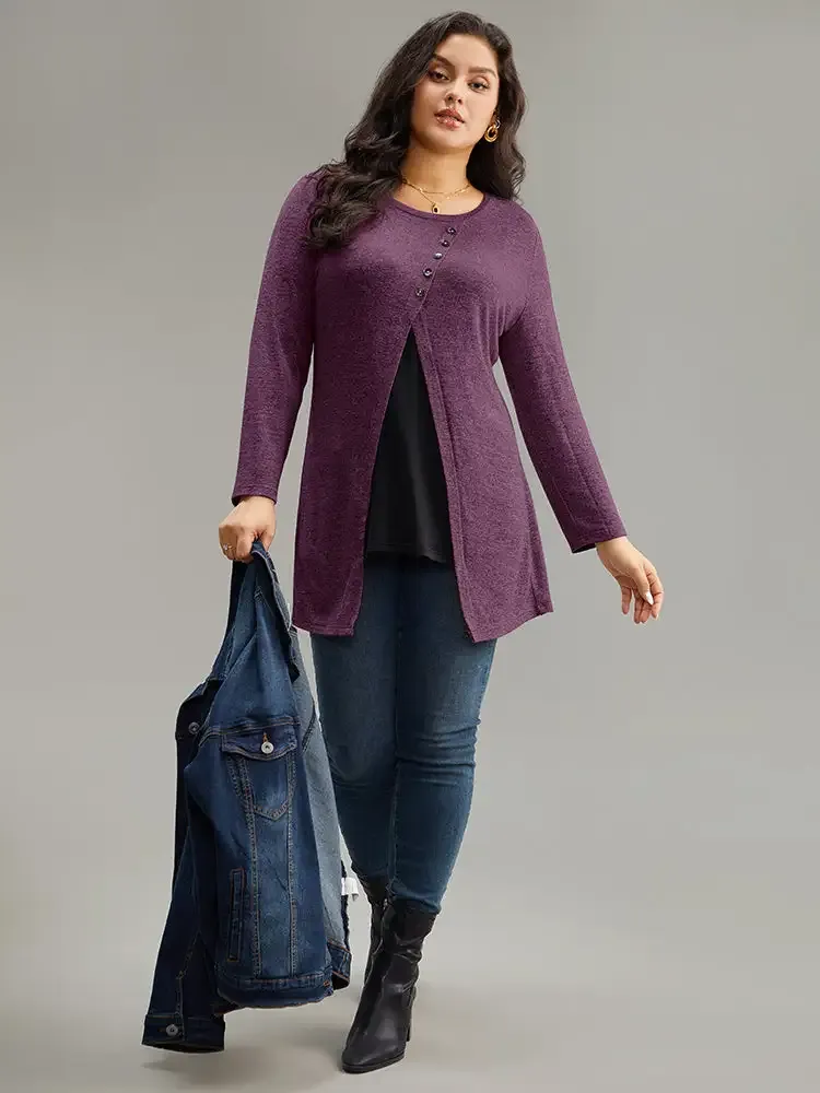 Contrast Patchwork Crew Neck Button Detail T-Shirt