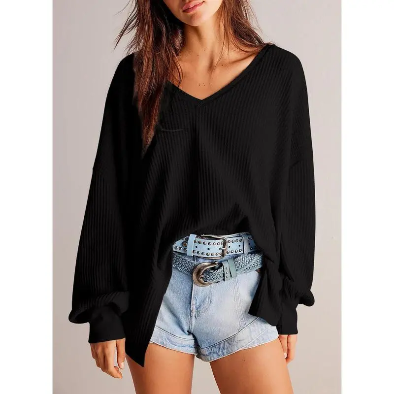 Womens Waffle Knit Tops 2025 Fashion Long Lantern Sleeve Casual Blouses V Neck Oversized T Shirts