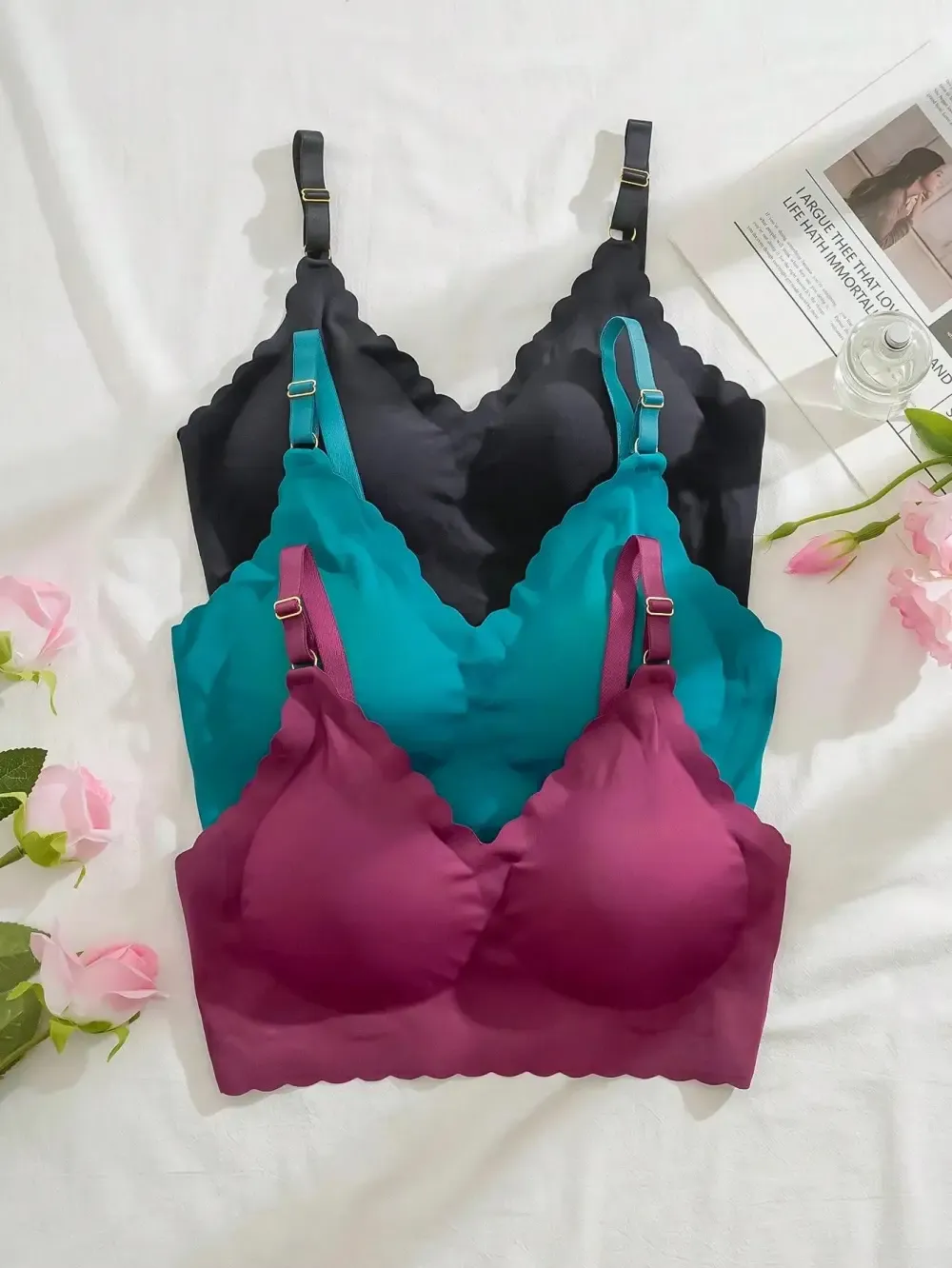 Basics 3pcs Seamless Wave Edge Adhesive Bra Set With Removable Cups