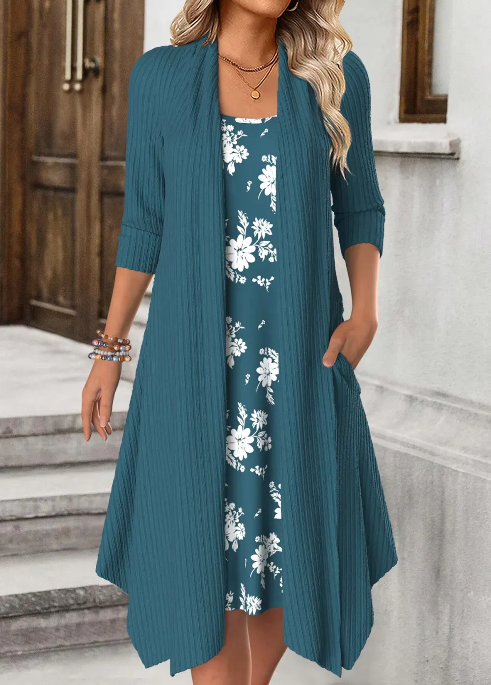 Peacock Blue Tummy Coverage Floral Print Long Sleeve Dress