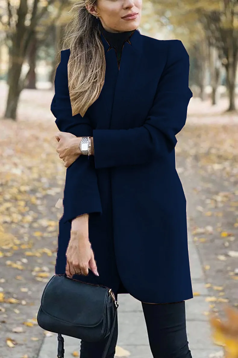 Solid standing collar slim long faux woolen coat