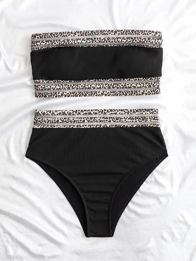 Women's Swimwear Bikini 2 Piece Normal Swimsuit Backless Sexy Printing Bandeau Strapless Leopard Black Strapless Bathing Suits New Vacation Sexy